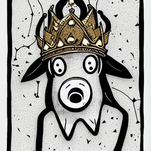 Prompt: black and white grunge cartoon sketch of a pig in a gold crown by - beeple , loony toons style, horror themed, detailed, elegant, intricate, outline