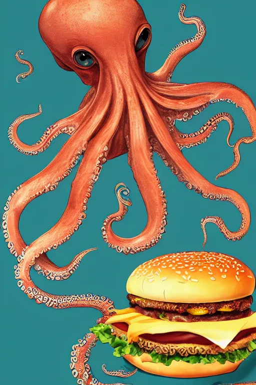 Image similar to a beautiful ultra detailed fine art illustration of an octopus holding cheeseburgers, artstation, 8 k