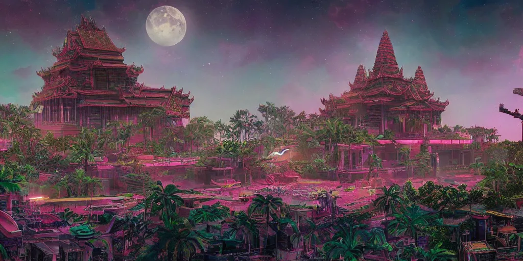 Prompt: synthwave synthwave a large kowloon khmer temple on the moon, filled with plants and habitats, hyper detailed, dieselpunk, technology, cinematic atmosphere, trending on artstation, cgsociety, pressed penny art