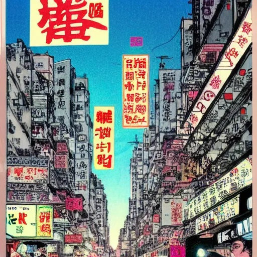 Prompt: glossy old advertising poster, batman walking through crowded hong kong street, vendors, joker!!!, drawn comic by junji ito, pastels, gradient