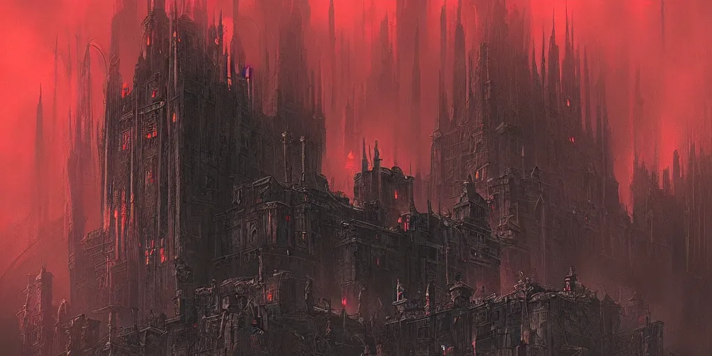 Prompt: grimdark fantasy fortress, terrifying architecture, looming, dark, fog, atmospheric red lighting, flying chaos creatures, dark souls, hyperrealistic, art by sparth