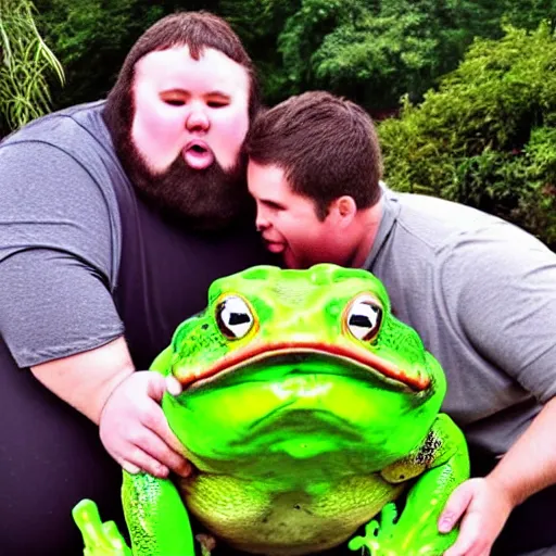 Image similar to fat man kissing and holding the worlds largest fat screaming frog