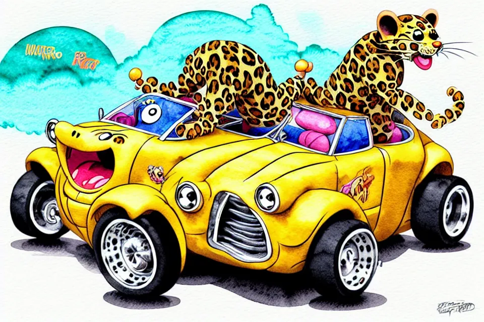 Image similar to cute and funny, leopard riding in a tiny hot rod with oversized engine, ratfink style by ed roth, centered award winning watercolor pen illustration, isometric illustration by chihiro iwasaki, edited by range murata, tiny details by artgerm and watercolor girl, symmetrically isometrically centered