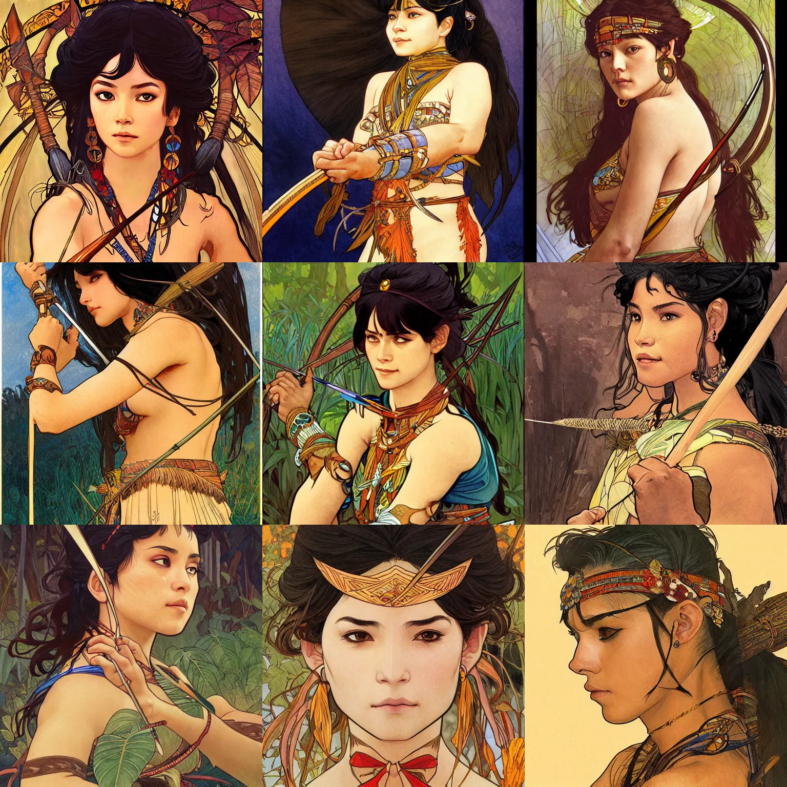 Prompt: Character portrait of an Amazon warrior drawing her bow, fantasy, beautiful face, highly detailed, African watercolor,, by Ilya Kuvshinov and Hayao Miyazaki and Alphonse Mucha