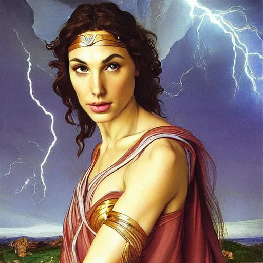 Image similar to Full body oil painting of the beautiful woman Gal Gadot, she is wearing some withe ancient roman cloths and a surreal ornate, her hair is natural disheveled, she is approaching heaven, people are claiming for her, she is attracting lightnings, naturalism, dramatic lighting, high-detailed oil painting by Ilya Repin, Michelangelo da Caravaggio, William Blake, Alex Grey and Beksinski, trending on Artsatio, hystorical painting, masterpiece, 4k, 8k,