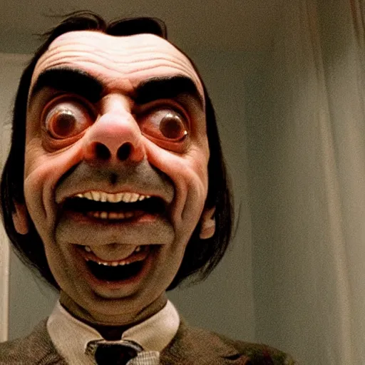 Prompt: Mr.Bean in an dark psychological thriller in the style of the movie the shining, muted colors