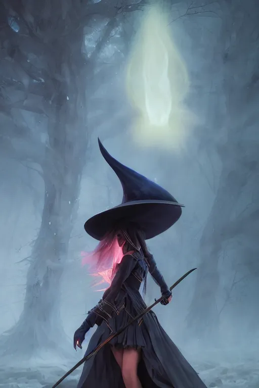 Prompt: a beautiful dark magician girl with a large witches hat that covers her face by Greg Rutkowski, Sung Choi, Mitchell Mohrhauser, Maciej Kuciara, Johnson Ting, Maxim Verehin, Peter Konig, final fantasy , mythical, 8k photorealistic, cinematic lighting, HD, high details, atmospheric,