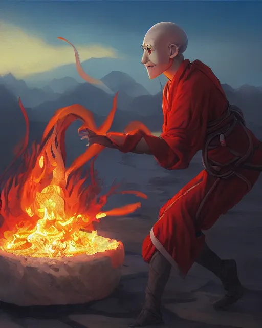 Image similar to [ [ squidward ] ] wearing fire nation clothing and practicing firebending outside at susnset, oil painting, highly [ detailed ], intricate, hd, sharp focus, photorealistic, by moebius and greg rutkowski, trending on artstation, trending on cgsociety, realistic shading and lighting