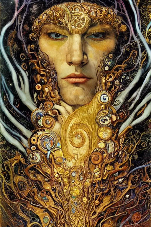 Image similar to Rebirth by Karol Bak, Jean Deville, Gustav Klimt, and Vincent Van Gogh, Rebirth, Loki's Pet Project, mystical portrait of a serpent deity, Surreality, otherworldly, fractal structures, arcane, ornate gilded medieval icon, third eye, spirals