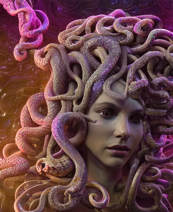 Image similar to beautiful medusa head highly detailed snakes, cosmic horror, abstract, ghostly, arcade, duotone, poltergeist, epic lighting, intricate, elegant, highly detailed, smooth, sharp focus, photo real, ultra realistic, unreal engine 5, raytracing, in the style of beeple and mike winkelmann, ultraviolet colors