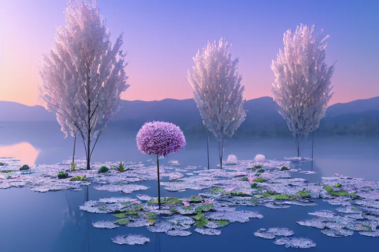 Prompt: perfume bottle standing on lilipads in a cool blue frosted pond, dramatic, mid day, frosty mountain background, soft lilac skies, large scale, hyperrealistic, lots of detail, realistic lighting, octane render, by wlop, artgerm, trending on artstation