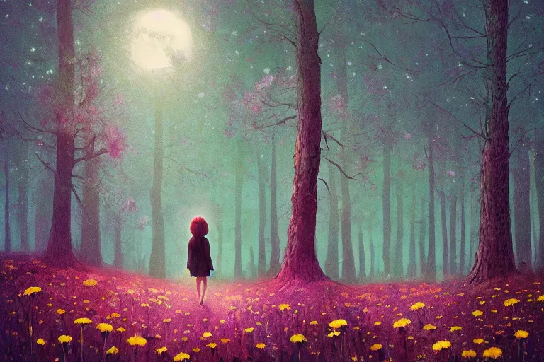 Image similar to giant bunch of daisy flowers head, girl walking in dark forest, surreal photography, dark night, stars, moon light, impressionist painting, clouds, digital painting, artstation, simon stalenhag