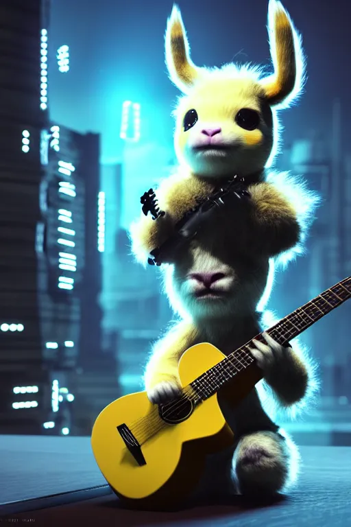 Image similar to high quality 3 d render very cute fluffy! cyborg cow plays guitar, cyberpunk highly detailed, unreal engine cinematic smooth, in the style of blade runner & detective pikachu, hannah yata charlie immer, moody light, low angle, uhd 8 k, sharp focus