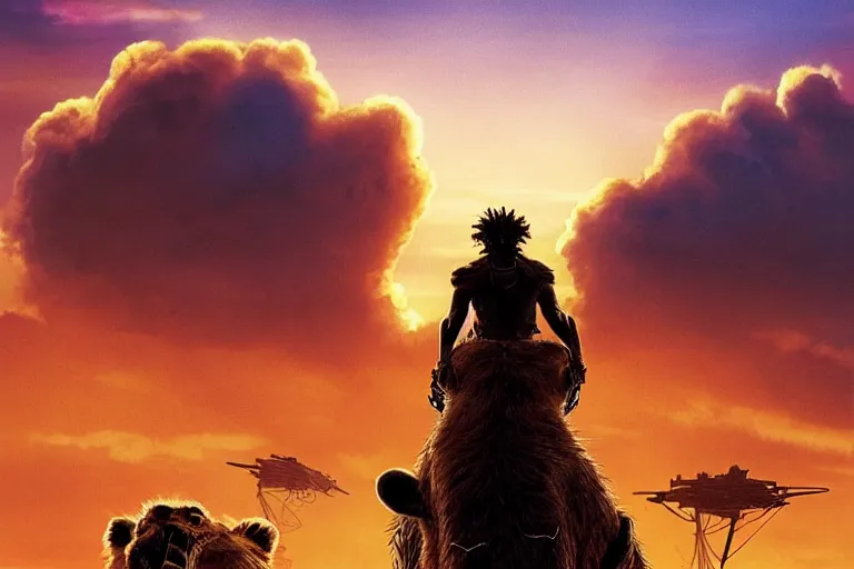 Prompt: simba ( from the lion king ), heavily armed and armored facing down armageddon in a dark and gritty reboot from the makers of mad max : fury road : witness me