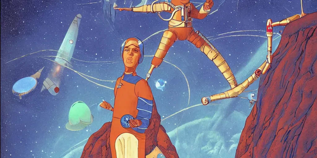 Prompt: a portrait of Alain Delon pilot in spacesuit on field forrest spaceship station landing laying lake artillery outer worlds in FANTASTIC PLANET La planète sauvage animation by René Laloux