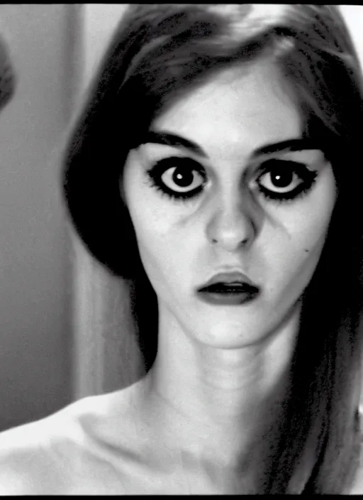 Image similar to a film still from a 1971 an Italian experimental independent comedy film of a slender 18 year old model alluring telenovela actress with bipolar disorder looking at the camera from across multiple alternating mirrors while in a swirling alternate reality. dark shadows under her tired eyes. soft detailed film still at 16K resolution and amazingly epic visuals. epically beautiful image. amazing lighting effect, image looks gorgeously crisp as far as it's visual fidelity goes, absolutely outstanding image. perfect film clarity. ultra image detail. iridescent image lighting. mind-breaking atmosphere. mega-beautiful pencil image shadowing. beautifully serene face. Ultra High Definition image. soft image shading. soft image texture. intensely beautiful image.