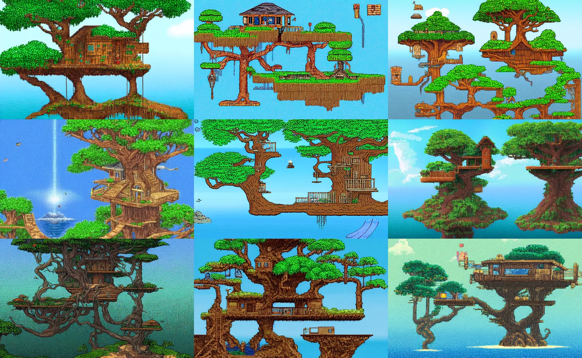 Prompt: nes style of a mystical island treehouse on the ocean