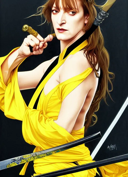 Prompt: uma thurman in kill bill, majestic sword warrior, rococo and art nouveau fusion, swinging reflective katana, yellow jumpsuit with black stripe, highly detailed, deep focus, elegant, digital painting, smooth, sharp focus, illustration, ultra realistic, japanese art by artgerm and alphonse mucha