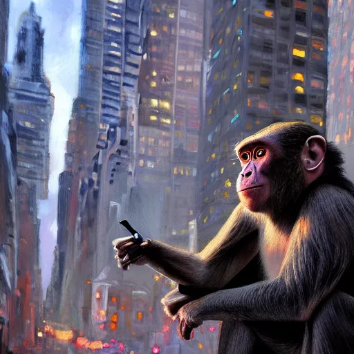 Image similar to monkeys take manhattan, dramatic painting, trending on artstation, 4 k, concept art