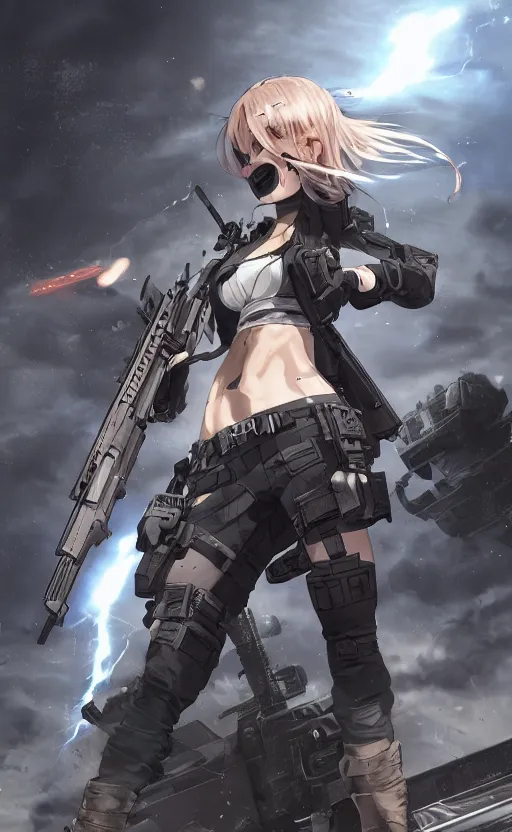 Prompt: highly detailed, high resolution, character design art, stunning, volumetric lightning, realistic guns, girls frontline style, matte, sharp focus, 130mm, illustration, artstation, by yusuke kozaki, professional, realistic human anatomy, simple design, realistic military gear, metal gear style, videogame inspired, quality artwork