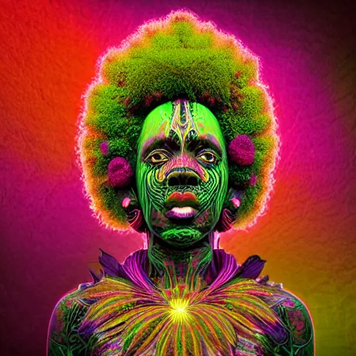 Image similar to an african marijuanna! shaman with an afro made of flowers, third eye art art by machina infinitum, complexity from simplicity, rendered in octane, mandelbulb 3 d, ambient occlusion, macro photography, felt!!! texture, tribal, neon! retrowave