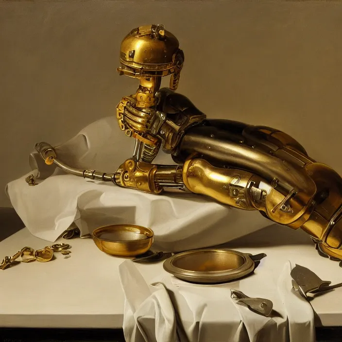 Prompt: still life painting of a cybernetic arm by pieter claesz, oil on canvas, strong lighting, highly detailed, hyper realism, golden hour, god rays, hd, 4 k