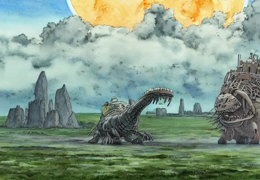 Image similar to a hyperrealist watercolor concept art from a studio ghibli film showing a giant grey mechanized crocodile from howl's moving castle ( 2 0 0 4 ). stonehenge is under construction in the background, in the rainforest on a misty and starry night. a ufo is in the sky. by studio ghibli