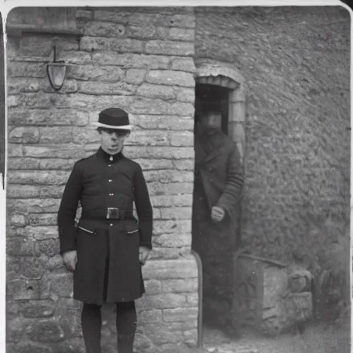 Image similar to A 1920\'s London police inspector with a stern look pointing his gun towards a frightened young man with long hair against a stone wall