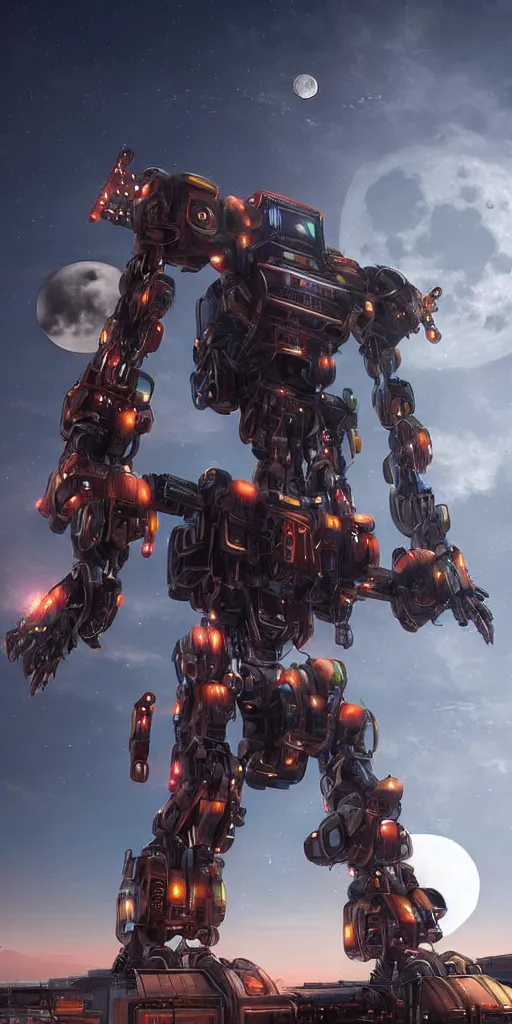 Image similar to a giant cyberpunk robot touching the moon. incredible detailed. sharp focus. digital art. full body