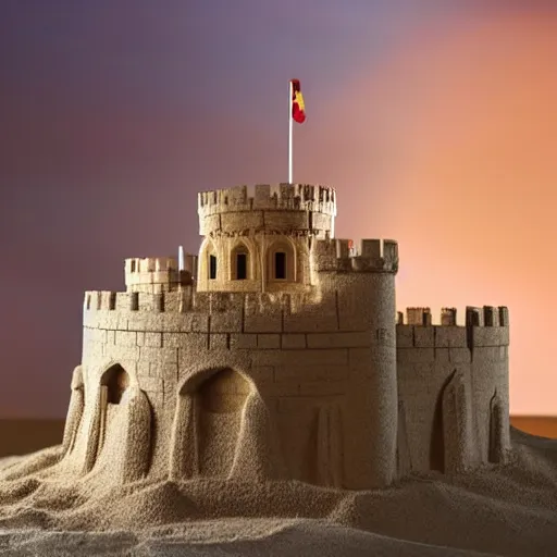 Prompt: full - size tower of london sandcastle, tiltshift, uniformed guards patrol, sunset