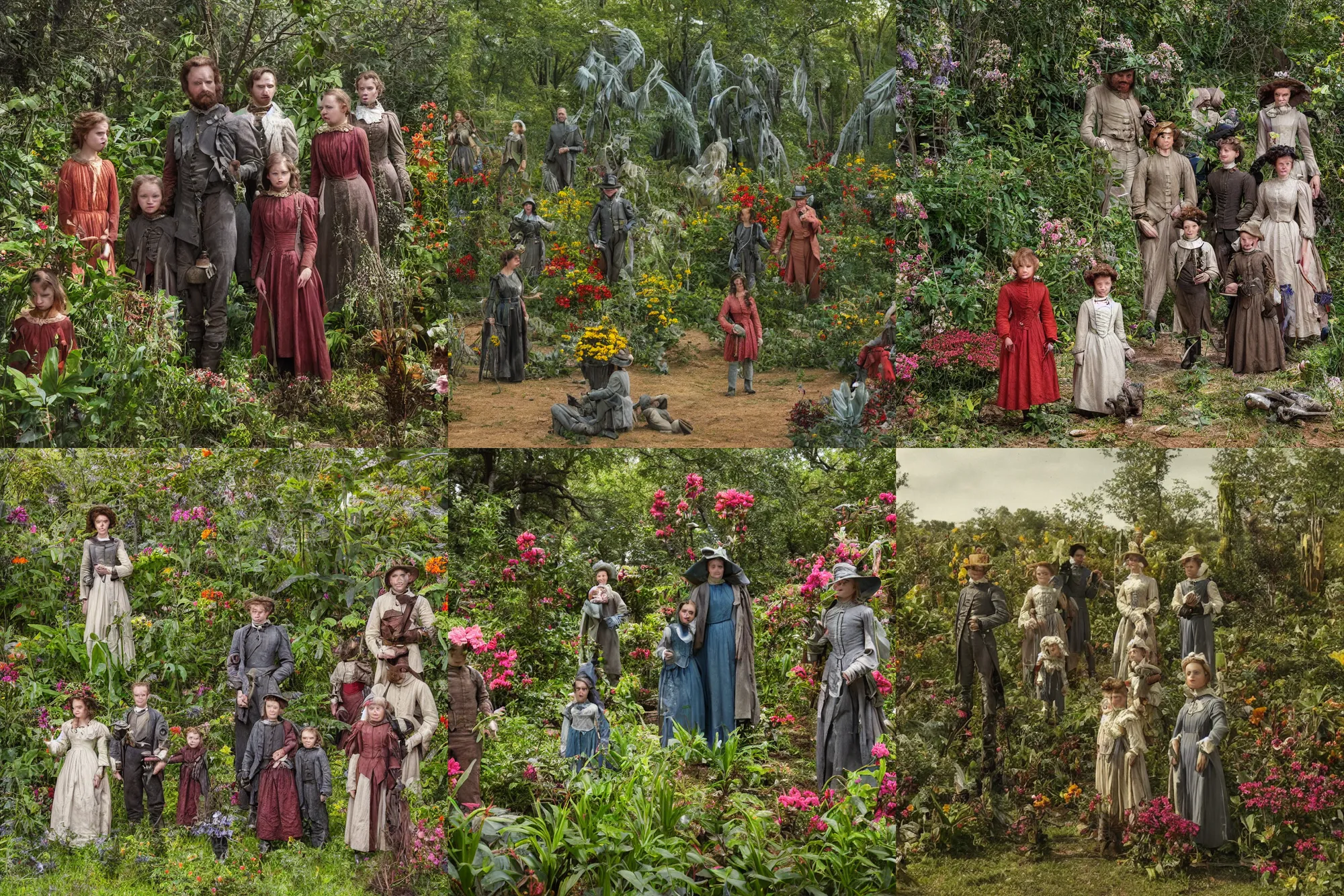 Prompt: sharp, highly detailed, 43456k film, 161800mm film still from a sci fi blockbuster color movie made in 2019, set in 1860, of a family standing in a park, next to some strange alien plants and flowers, on an alien planet, the family are all wearing 1860s era clothes, good lighting, good photography, ultra high definition, in focus