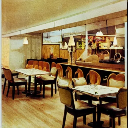 Prompt: late 70s eastern european haunted diner, interior design magazine photo