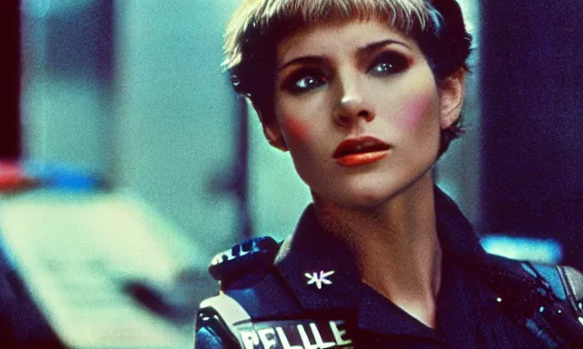 Image similar to full - color cinematic movie still from the 1 9 8 2 film blade runner depicting a very - attractive female police technician conducting the voight - kampff test. science - fiction ; gritty ; dystopian ; detective mystery. detailed facial - features.