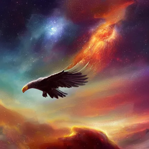 Prompt: a giant eagle constellation flying through a nebula by WLOP and tony sart, fantasy art, 4k, HDR, photorealistic, 8k, trending on artstation