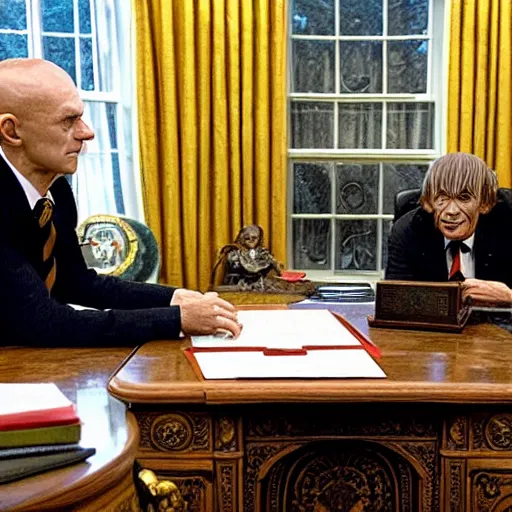 Image similar to president gollum and sauron in an oval office meeting to discuss the one ring