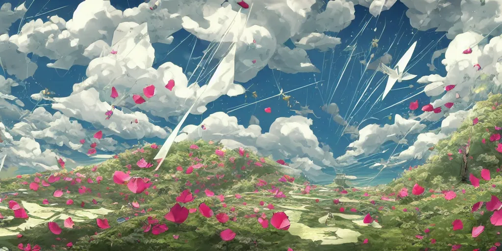 Image similar to background art of flying longswords flowing and floating through the slicing through directional wind on a simple cloudy sky background featuring an enormous tsunami, big puffy clouds, large individual rose petals, lotus petals, angular background elements, large polygonal fragments, anime, studio ghibli, artgerm, manga, trending on artstation, art nouveau, mature color scheme