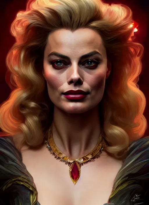 Prompt: portrait of margot robbie as a vampire lord, jewelry, greek, ruby, intricate, headshot, highly detailed, digital painting, artstation, concept art, sharp focus, cinematic lighting, illustration, art by artgerm and greg rutkowski, alphonse mucha, cgsociety