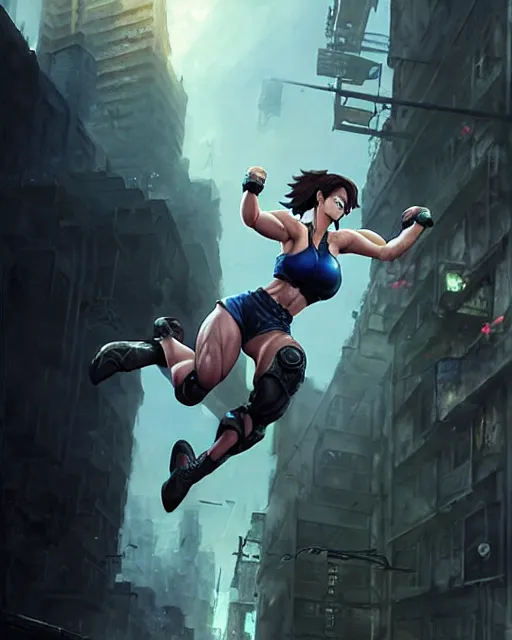 Image similar to gigachad jill valentine bodybuilder jumping from a building fighting in racoon city, fantasy character portrait, ultra realistic, anime key visual, full body concept art, intricate details, highly detailed by greg rutkowski, ilya kuvshinov, gaston bussiere, craig mullins, simon bisley