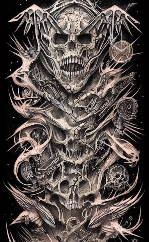 Image similar to tattoo flash sheet by greg rutkowski, by giger, by maxim verehin