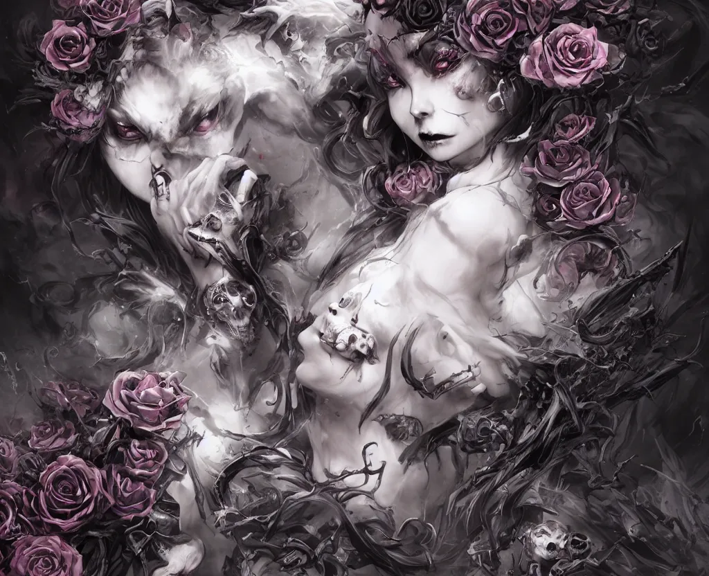 Image similar to a chaotic goddess of death skull black rose s day of the dead atmospheric, dramatic, concept art by a professional manga illustrator, Stanley Artgerm Lau, WLOP, Rossdraws, James Jean, Andrei Riabovitchev, Marc Simonetti, and Sakimichan hyperrealist, cinema4D, 8k highly detailed ❤️‍🔥 🔥 💀 🤖 🚀