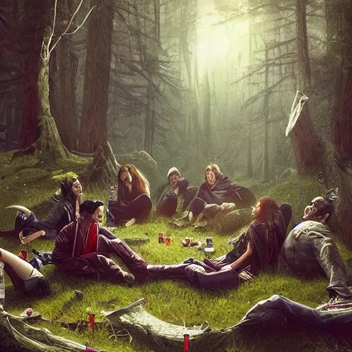 Image similar to group of vampires chilling at the forest smoking weed, realistic digital art 4 k, high quality, greg rutkowski, zabrocki, karlkka, jayison devadas, phuoc quan, trending on artstation, 8 k, ultra wide angle, zenith view, pincushion lens effect