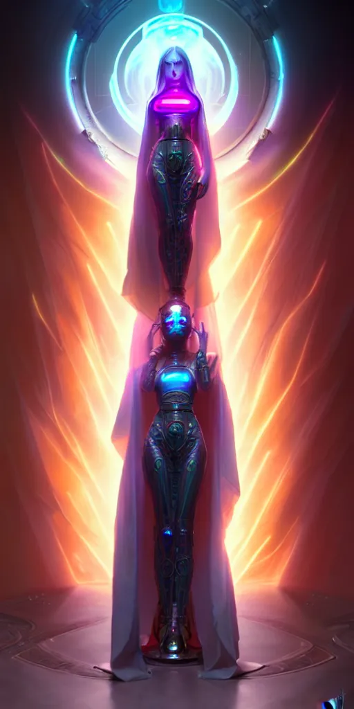 Prompt: ultra detailed female android deity, wearing a cloak, ethereal flowerpunk, scifi, fantasy, cyberpunk octane render, unreal engine, asymmetrical!!! intricate concept art, triadic color, art by artgerm and greg rutkowski and alphonse mucha, 8 k