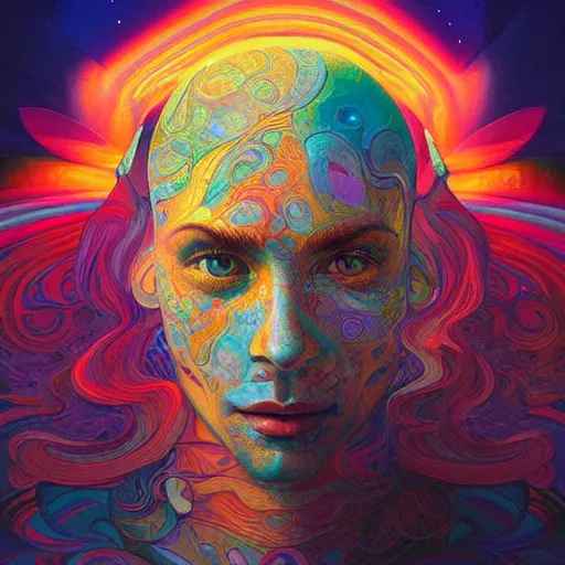 Image similar to An extremely psychedelic experience, colorful, surreal, dramatic lighting, cosmonaut, LSD, face, detailed, intricate, elegant, highly detailed, digital painting, artstation, concept art, smooth, sharp focus, illustration, art by Sam Spratt, Dan Mumford, Artem Demura and Alphonse Mucha