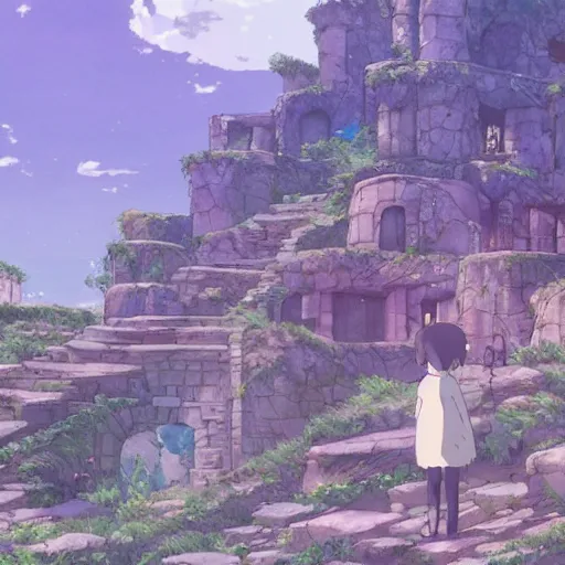 Prompt: an explorer finding ruins of a cat civilization, water, by Dice Tsutsumi, Makoto Shinkai, Studio Ghibli