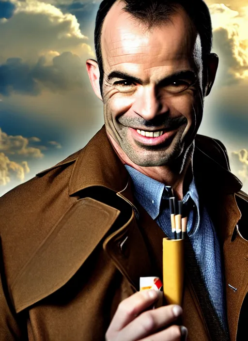 Prompt: photorealistic photography of paul blackthorne as harry dresden posing as a charismatic smiling thief, with a light brown trench coat and a cigarette, in dresden files movie, full hairs, super detailed, hd