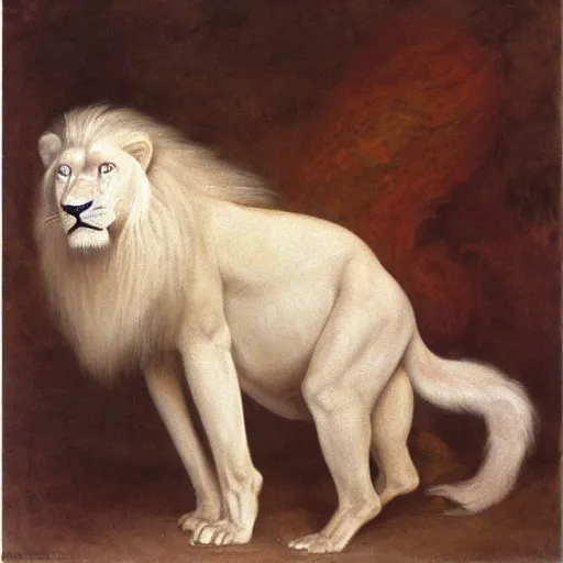 Image similar to award winning photo of muscular male albino anthropomorphic anthro furry white lion by george frederic watts