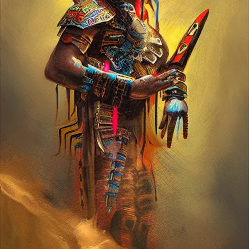 Image similar to aztec cyberpunk warrior with cool armor and tattoos, cyberpunk 2 0 7 7 and beksinski style painting