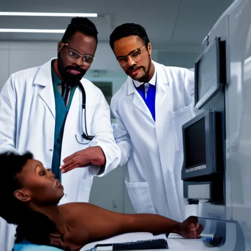 Image similar to black scientists in a futuristic clinic