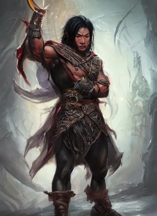 Image similar to muscly asian man with medium black parted hair, dndbeyond, bright, colourful, realistic, dnd character portrait, full body, pathfinder, pinterest, art by ralph horsley, dnd, rpg, lotr game design fanart by concept art, behance hd, artstation, deviantart, hdr render in unreal engine 5