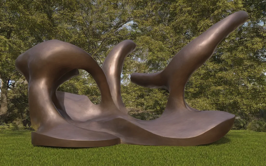 Prompt: Reclining forms on a pedestal as a bronze sculpture in a park , smooth texture, sculpted by Henry Moore , Barbara Hepworth VRay, warm volumetric lighting , 3D 8K HD trending on art station